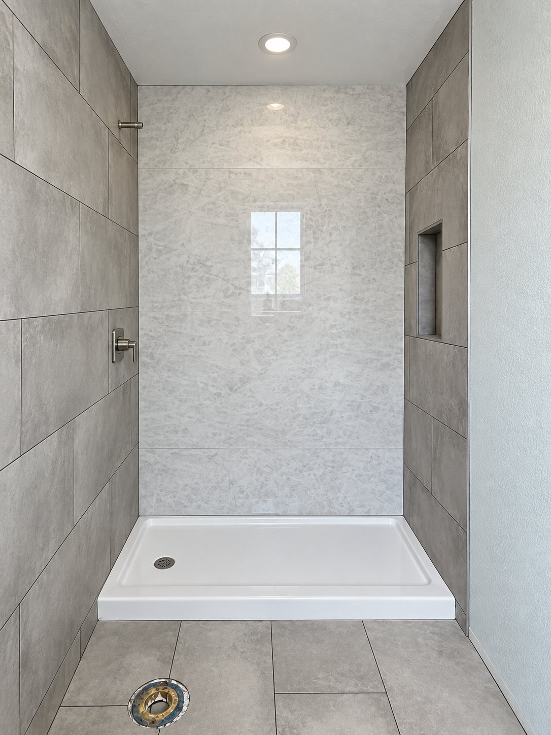Marble shower with recessed niche shelf