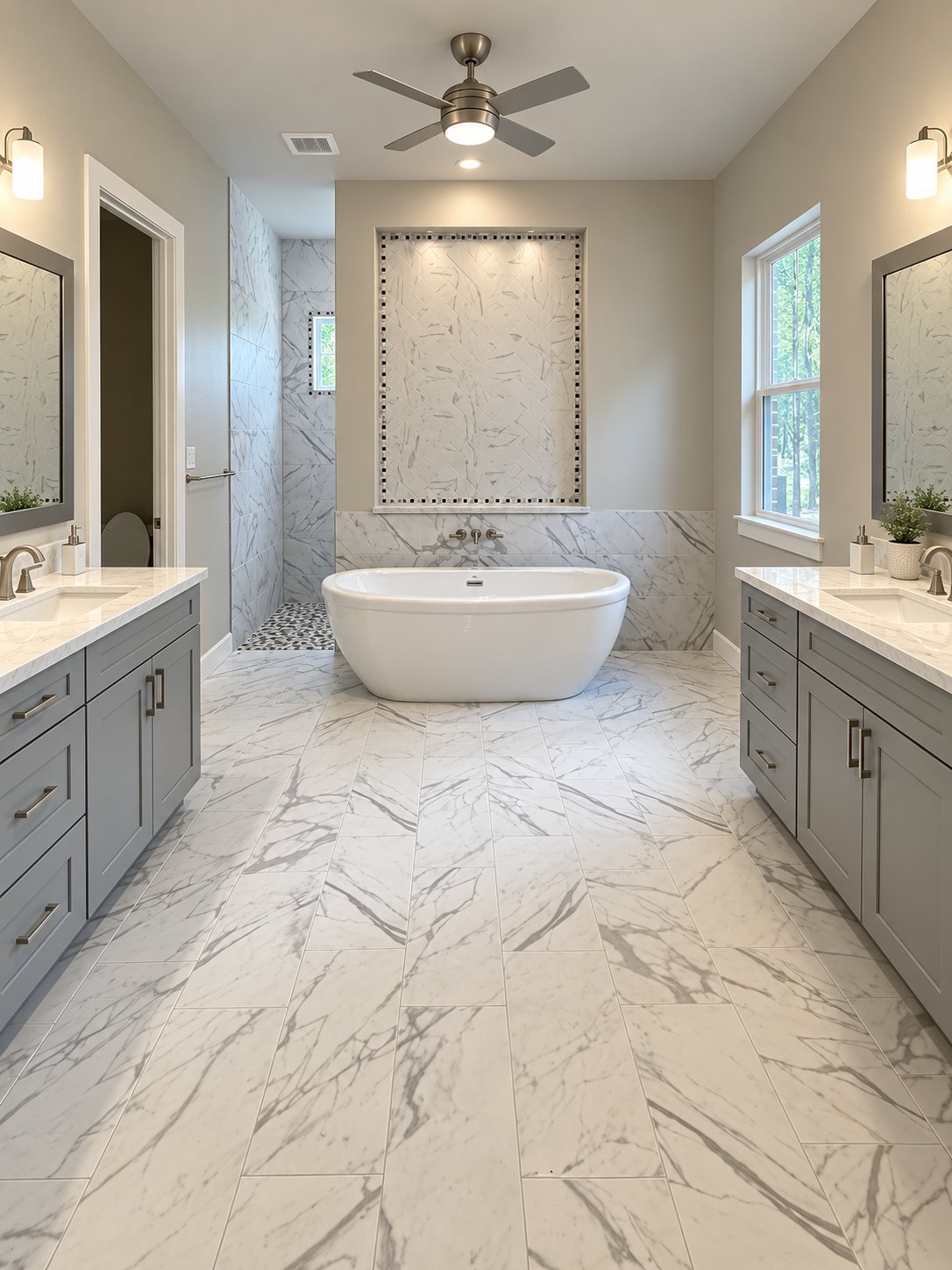 Bright primary bathroom with freestanding tub and glass shower