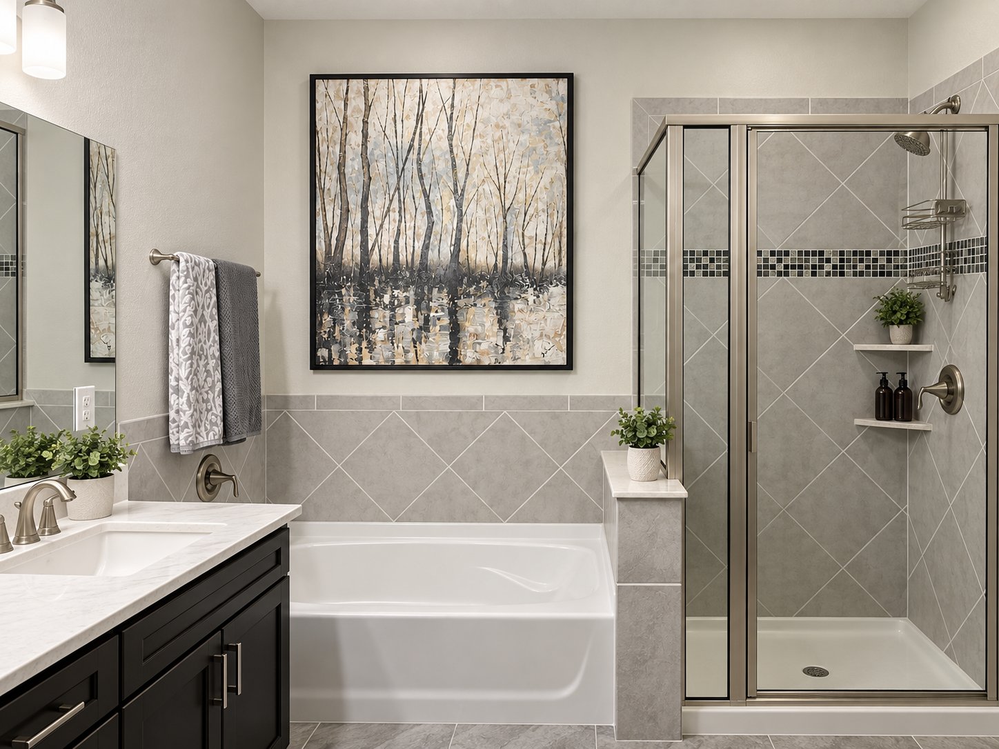 Bathroom with framed art, glass shower, and soaking tub