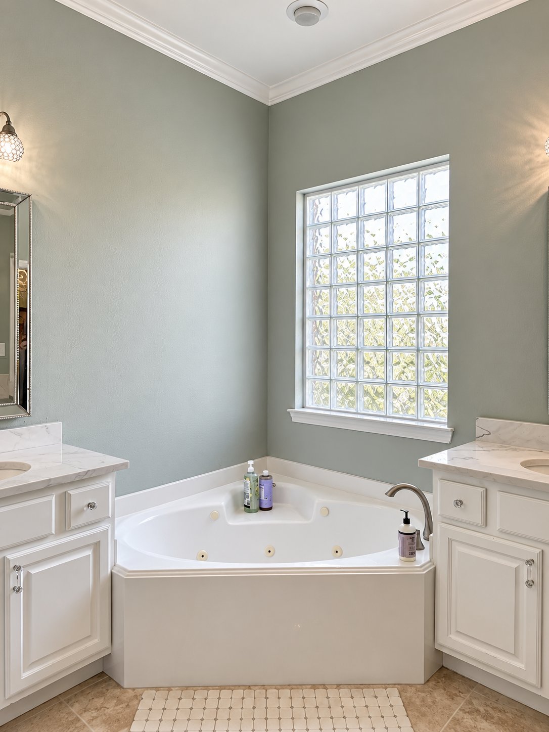 Corner tub bathroom with glass-block window