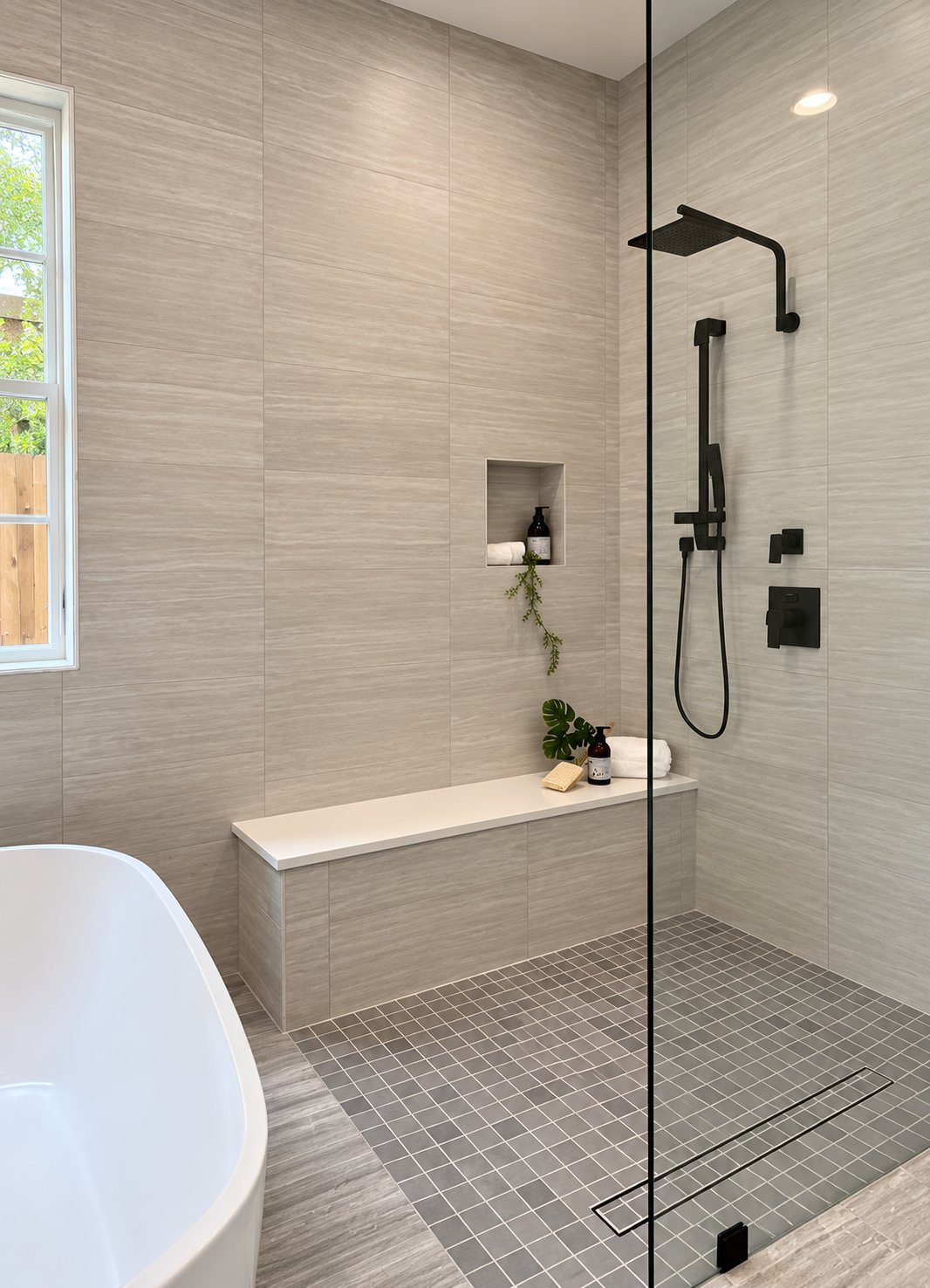 Freestanding tub beside a glass shower with a built-in tile bench