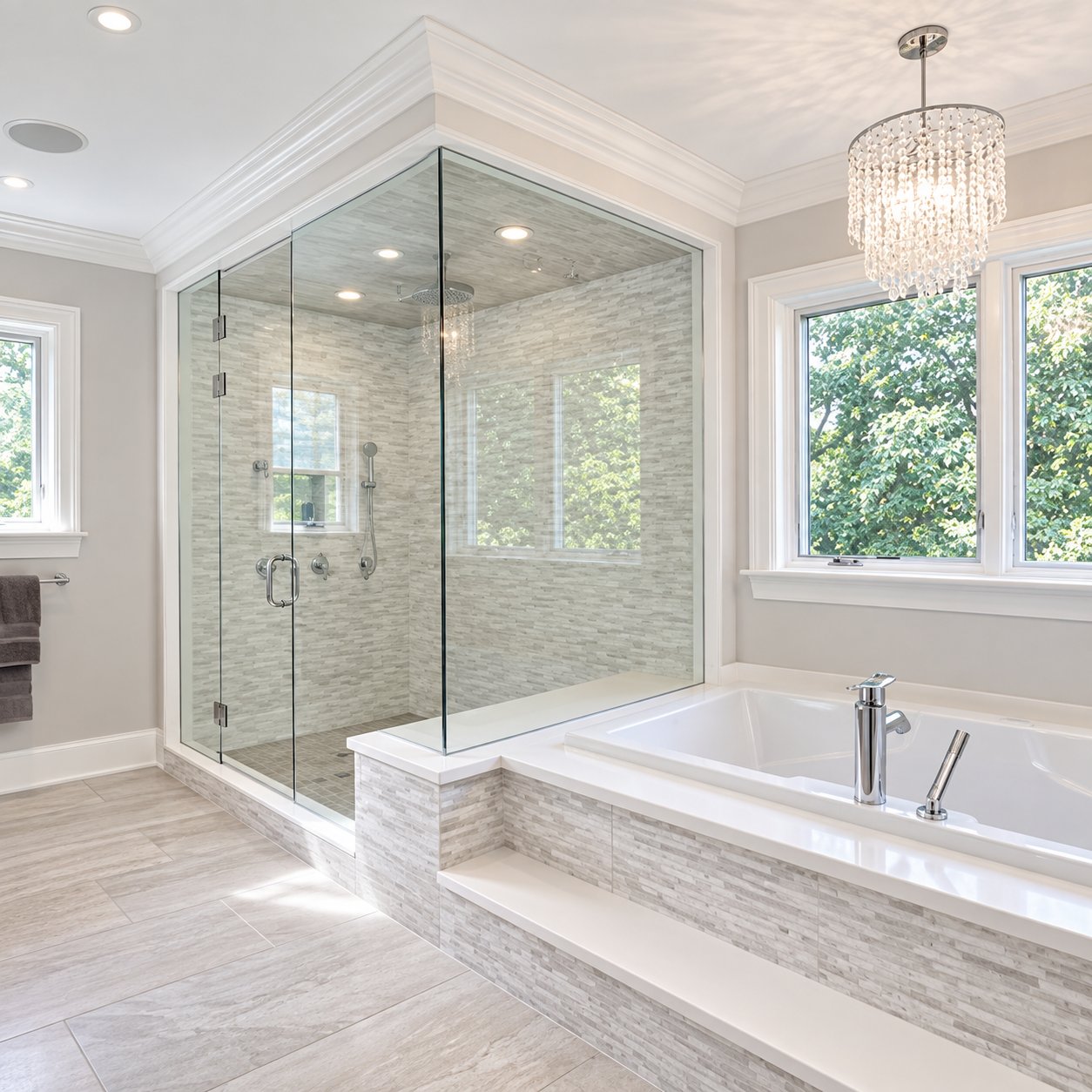 Primary bathroom suite with freestanding tub and glass shower