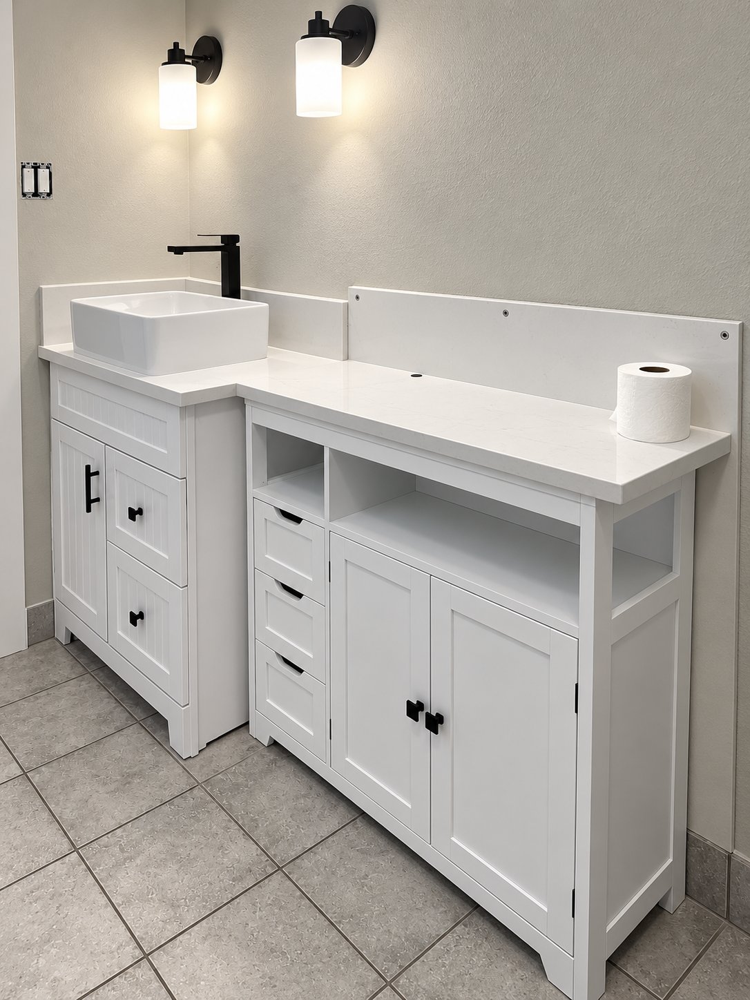 White beadboard vanity with a vessel sink and black fixtures